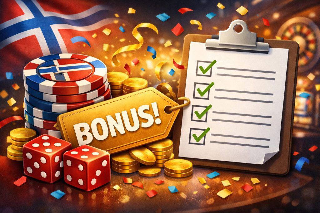 norsk casino liste med bonuser: casinochips i norske farger, bonus-tag, terninger og sjekkliste